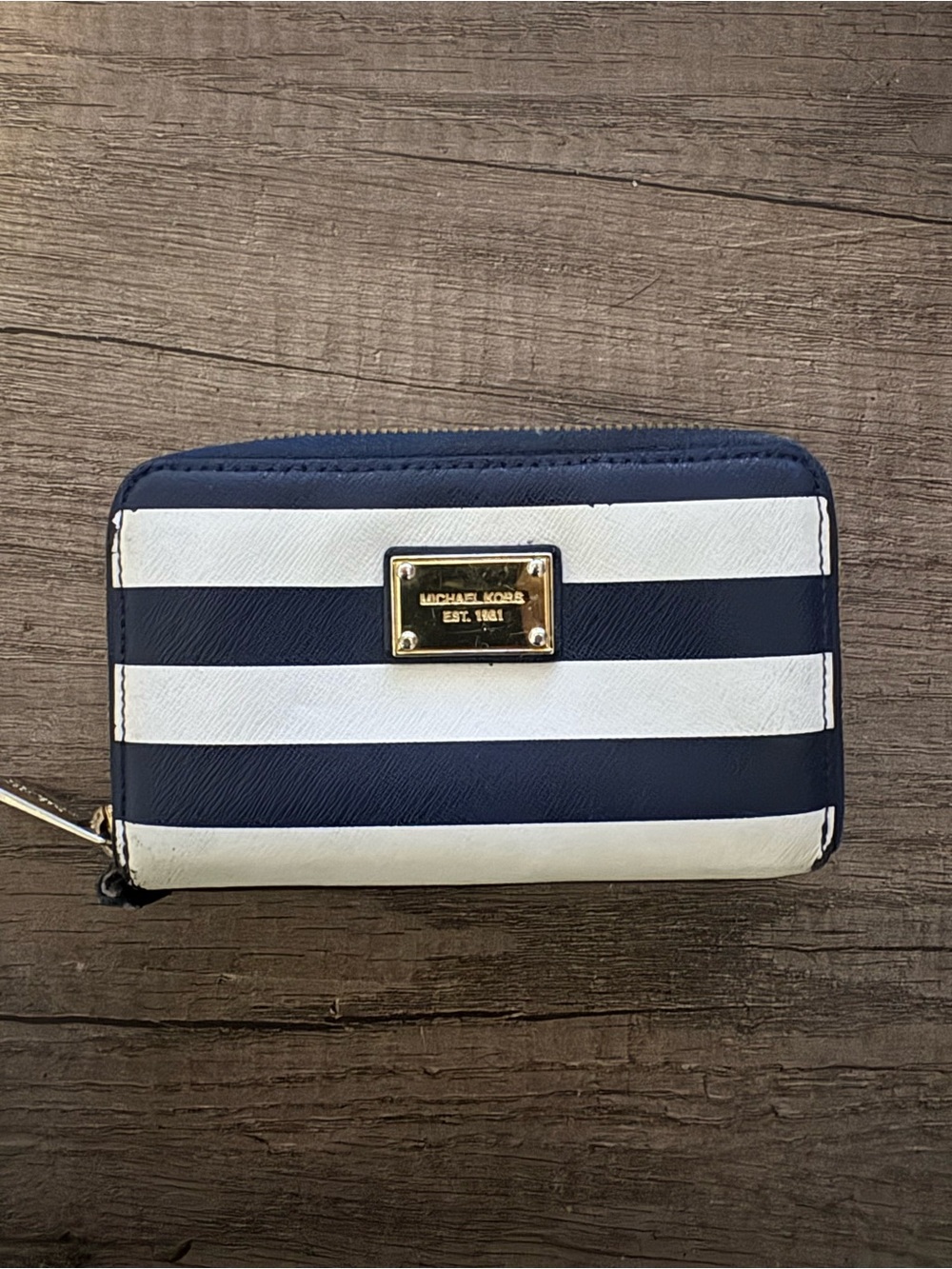 Michael Kors Navy and White Striped Wallet with Gold Plaque